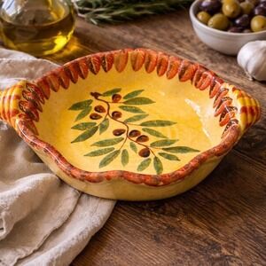 Italica Ars Italian Hand Painted Ceramic Baking Dish Olive Leaf Motif Oven Proof